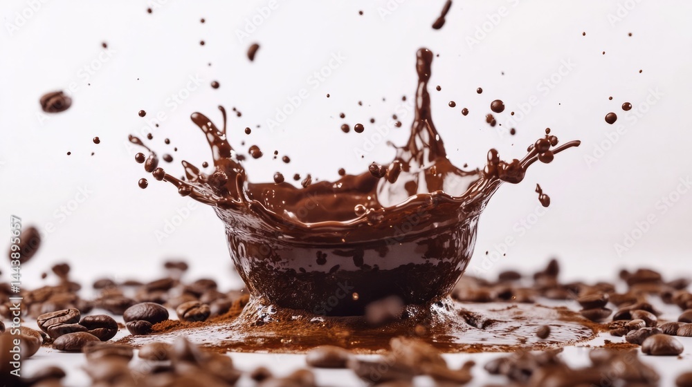 Fototapeta premium Creative coffee splash from an overturned cup, surrounded by beans, on a clean white background. generative ai