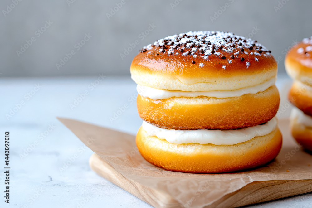 A stack of two cream-filled donuts topped with powdered sugar, placed on parchment paper against a light background. A stack of two cream-filled donuts topped with powdered sugar, placed on parchment paper against a light background.