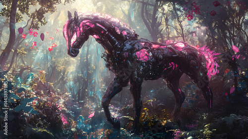Biomechanical horse in ethereal fantasy forest with vibrant foliage and floating elements. [Mechanical Forests] | Ironwood Gardens | steely flora. Illustration