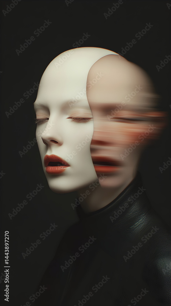Two faces pressed against each other, with eyes closed, illustrate the concept of artificial beauty. A psychological representation of split personality or duality. Two faces pressed against each other, with eyes closed, illustrate the concept of artificial beauty. A psychological representation of split personality or duality.