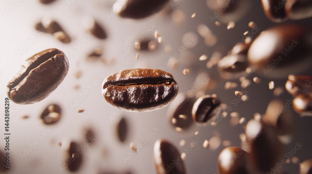 Dark roasted coffee beans falling gently, white background, concept of freshness and awakening generative ai Dark roasted coffee beans falling gently, white background, concept of freshness and awakening generative ai