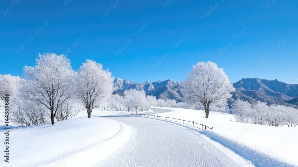 Fototapeta premium Snowy Road Winding Mountain Trees Serene Vibrant High-resolution Panoramic View Frosty Branches Peaceful Scene Mountain Range backdrop Bright Cold Winter Travel Advertisement