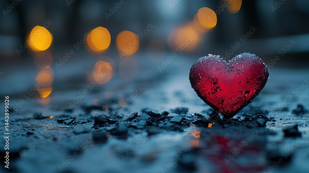 Fototapeta premium Red heart on a wet road at dusk