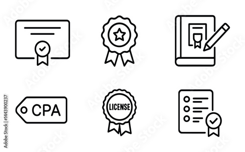 Certification and licensing outline icons set – linear style accreditation, qualification, and validation symbols: certificate, badge, book, cpa tag, license, checklist.