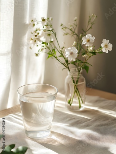 Simple ceramic cup and flowers under soft light