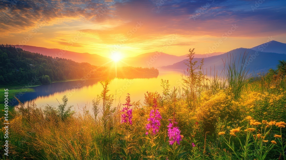 Obraz premium Serene sunrise over a tranquil lake, vibrant wildflowers