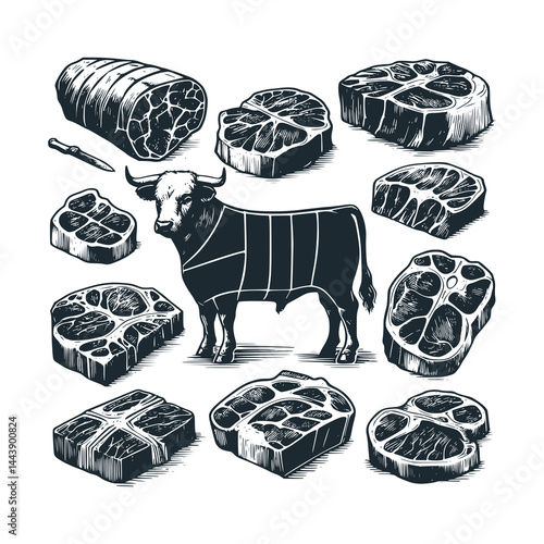 Beef and beef cuts – Black and White Icon Vector and Illustration
