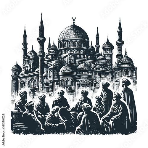 Several people gathered in front of the mosque – Black and White Icon Vector and Illustration
