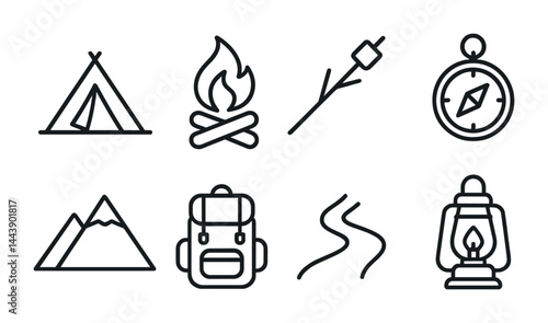 Outdoor adventure linear icons set – outline style camping, hiking, and navigation symbols for nature activities: tent, campfire, marshmallow, compass, mountains, backpack, path, lantern.