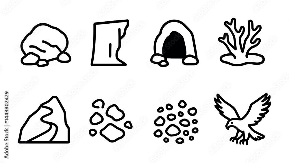 Fototapeta premium Nature and geology outline icon set – linear style natural elements, terrain, and wildlife symbols for educational use: rock, cliff, cave, coral, mountain, stones, eagle.