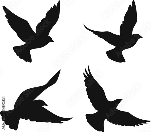 Flying Bird Silhouette Set – Four Black Birds in Motion with Varied Wing Positions, Minimalist High-Contrast Design