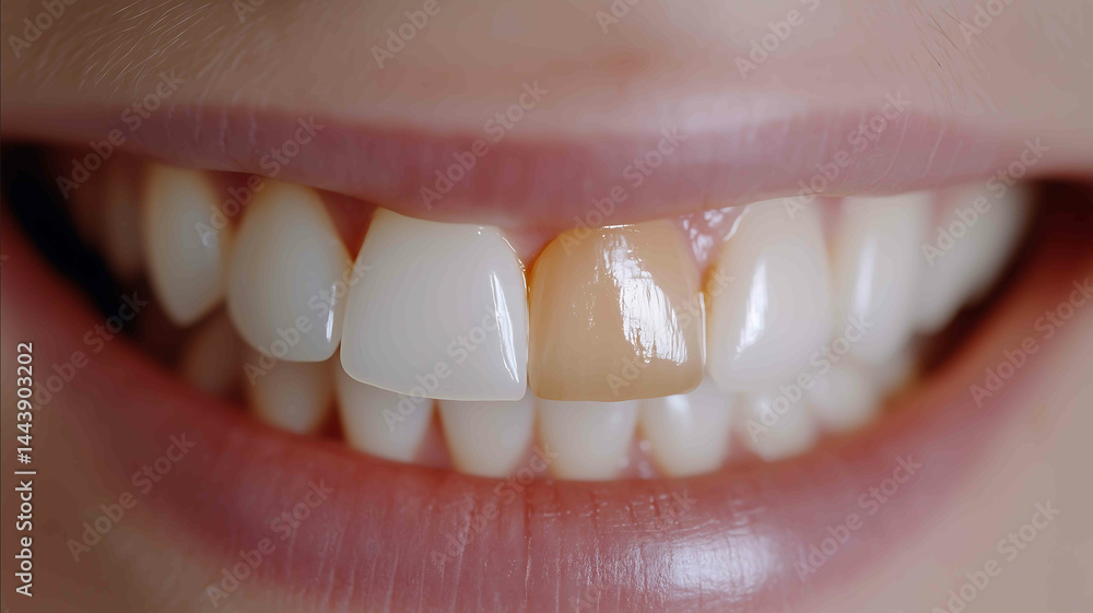 Fototapeta premium A hyperrealistic closeup of a smiling mouth showcasing a perfect row of white teeth with one tooth noticeably darkened The contrast highlights the issue of discoloration The lightin