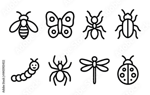 Insect icon set – outline style with nature, bugs, and entomology symbols for ecology projects: bee, butterfly, ant, beetle, caterpillar, spider, dragonfly, ladybug.