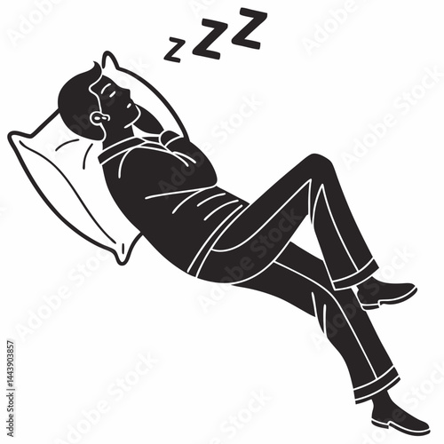 Isolated Monochrome Illustration Of A Man Sleeping Peacefully On A Pillow With Zzz