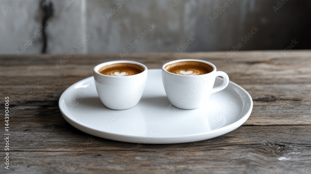 Double espresso shot in two cups, placed on a shared white plate, clean and minimal generative ai Double espresso shot in two cups, placed on a shared white plate, clean and minimal generative ai