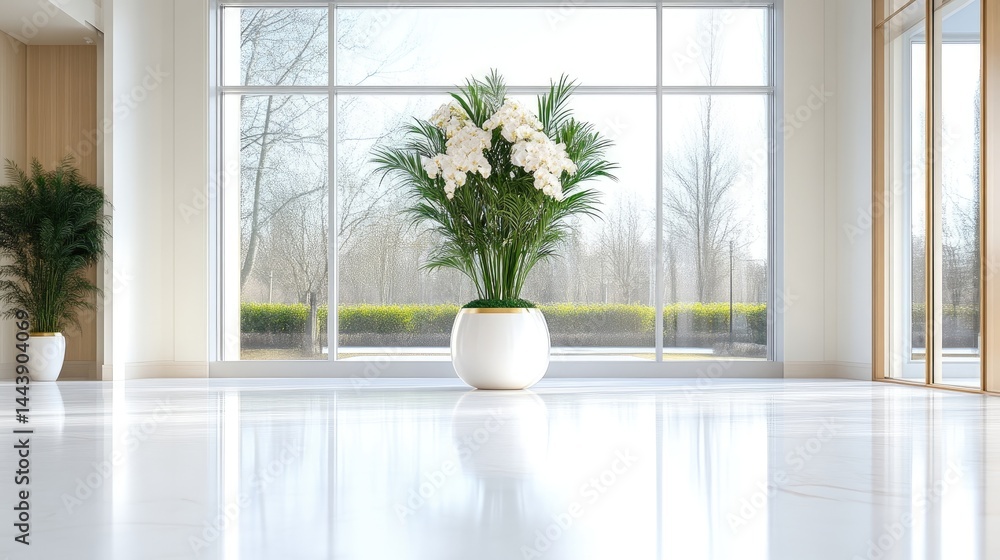 Fototapeta premium Modern, bright interior with large window, plants, and flowers