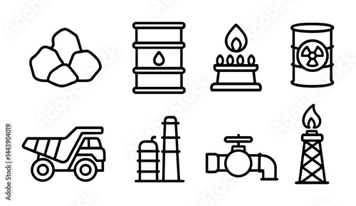 Energy and industry outline icons set – linear style power, fuel, and resources symbols for industrial projects: coal, oil barrel, gas stove, nuclear drum, dump truck, oil refinery, pipeline, gas