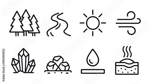 Nature elements outline icon set – linear style for eco design, earth themes, and minimalist projects: trees, river, sun, wind, crystals, rocks, water drop, terrain.