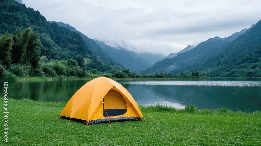 Tranquil camping scene by a serene lake Tranquil camping scene by a serene lake