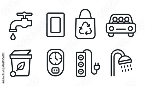 Eco-friendly home icons set – outline style sustainable living, energy conservation, and recycling symbols: faucet, light switch, reusable bag, electric car, compost bin, smart thermostat, power