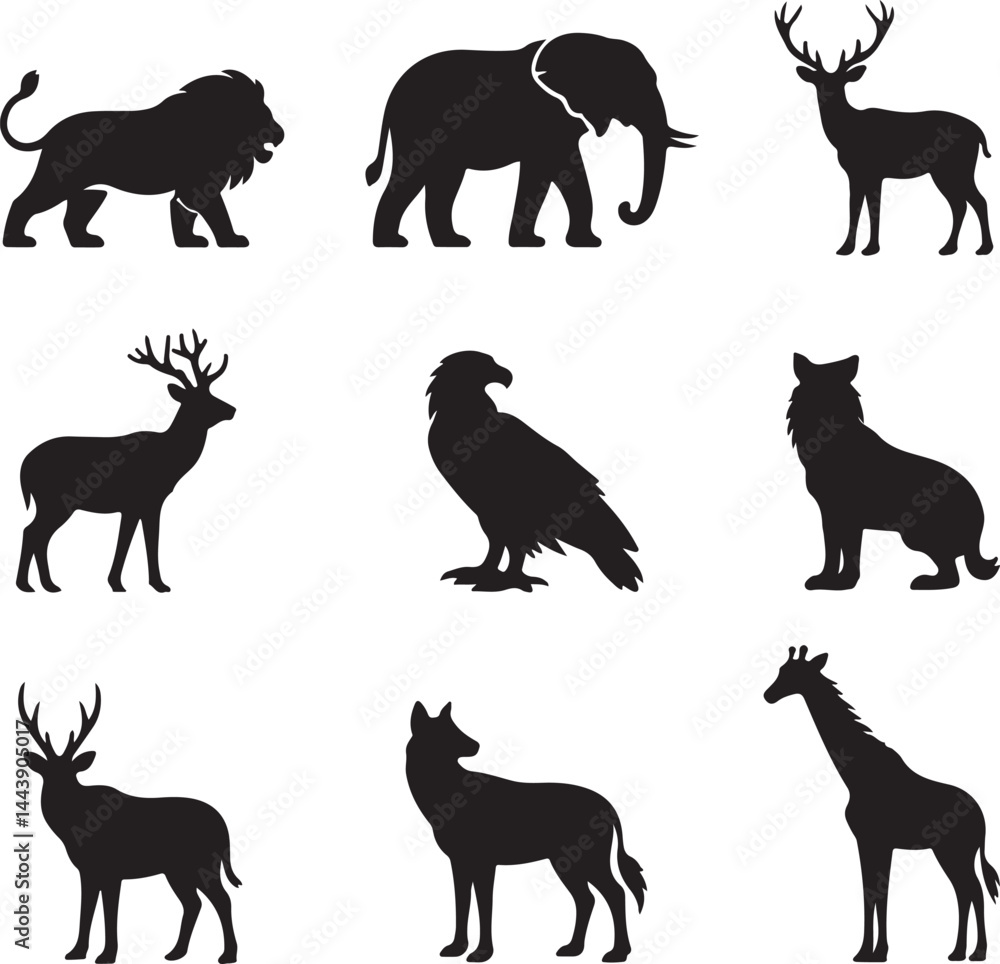 Obraz premium Minimalist Animal Silhouettes Vector – Lion, Elephant, Deer, Wolf, Eagle, Giraffe 3
