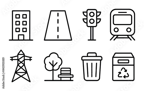Urban infrastructure outline icon set – linear style city planning and development symbols: building, road, traffic light, train, power line, tree, trash can, recycling bin.