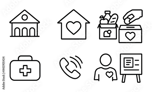 Charity and donation outline icons set – line style giving, volunteer, and support symbols for community aid: donation box, home, first aid kit, phone, volunteer, education.