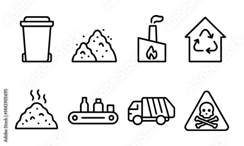 Waste management linear icon set – outline style recycling, environmental, and sustainability symbols for eco-friendly initiatives: trash can, landfill, incinerator, recycling, compost, conveyor,