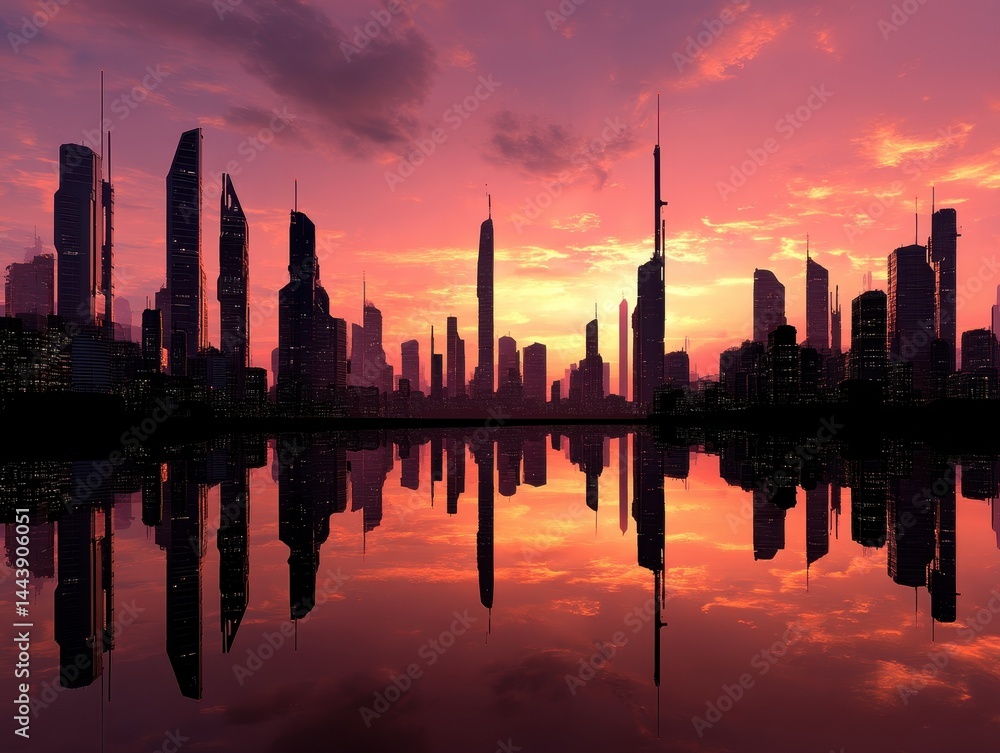 Fototapeta premium Silhouetted cityscape reflected in tranquil water at sunset.
