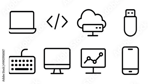 Technology icons set featuring laptop, cloud server, usb drive, and more for digital design and development