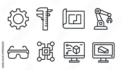 Industrial technology outline icons – linear engineering, manufacturing, and automation symbols for product design: gear, caliper, blueprint, robot arm, vr goggles, circuit, cad software.