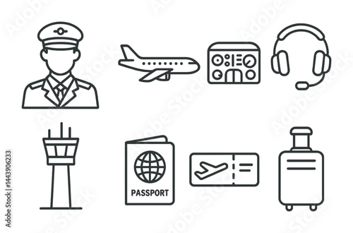 Aviation and air travel line icons set – outline style pilot, flying, and airport graphics for airline branding: pilot, airplane, control tower, passport, boarding pass, headset.