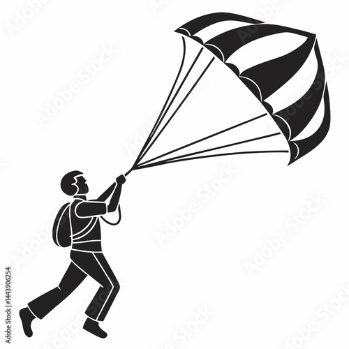 Skydiver With Parachute Silhouette Ready To Land Isolated On White Background Vector