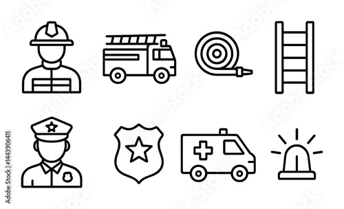 Public safety outline icons set – line style emergency services and first responder symbols: firefighter, fire truck, hose, ladder, police officer, badge, ambulance, siren.