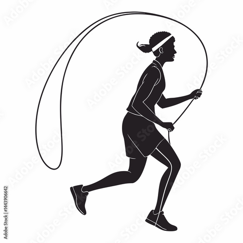 Silhouette Of Sporty Woman Skipping Rope For Fitness And Health In Black And White