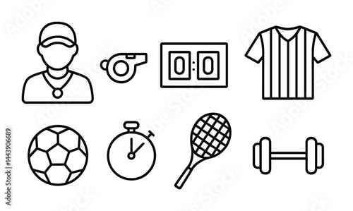 Sports and fitness outline icons – linear style workout, training, and equipment symbols: referee, whistle, scoreboard, jersey, soccer ball, stopwatch, racket, dumbbell.