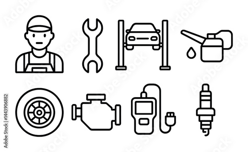 Automotive maintenance line icons - outline style car repair, mechanic tools, and vehicle service symbols: mechanic, wrench, lift, oil, tire, engine, diagnostic, spark plug.