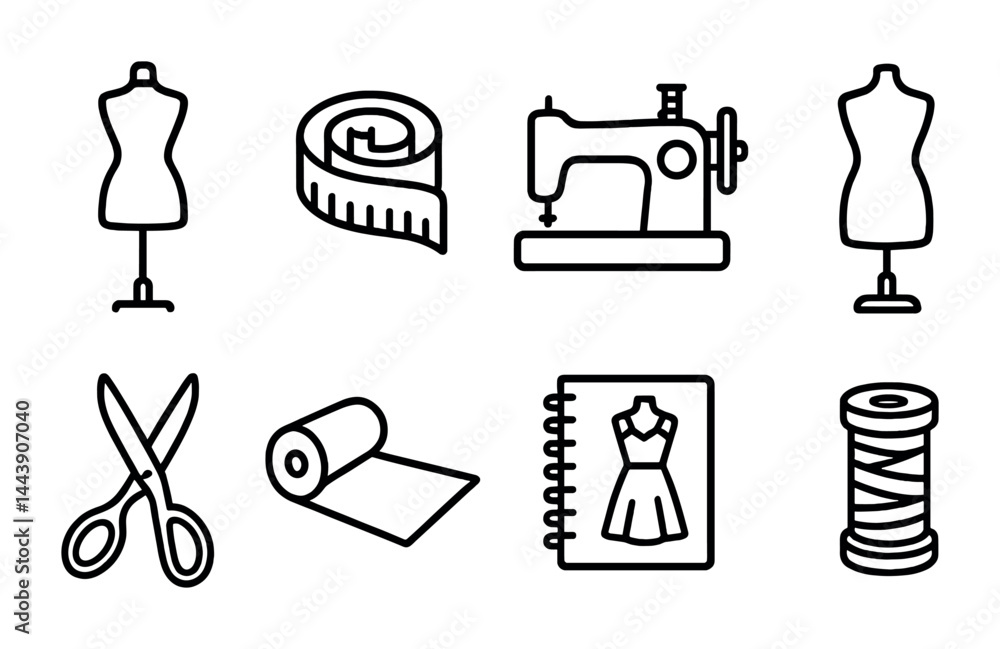 Fashion and sewing linear icons set – outline style tailoring, crafting, and design symbols: mannequin, measuring tape, sewing machine, scissors, fabric roll, sketchbook, thread spool