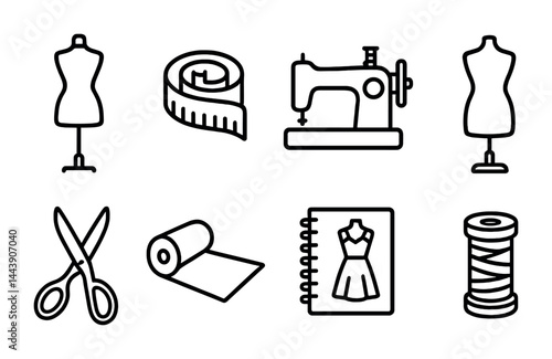 Fashion and sewing linear icons set – outline style tailoring, crafting, and design symbols: mannequin, measuring tape, sewing machine, scissors, fabric roll, sketchbook, thread spool