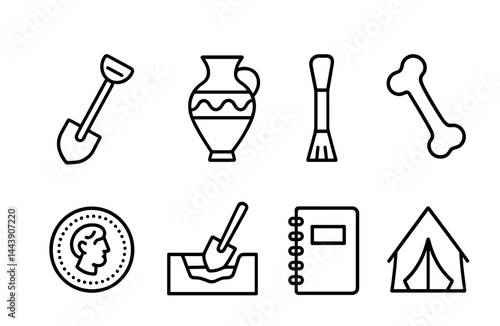 Archaeology linear icon set – discover ancient history, artifacts, and excavation tools for educational resources: shovel, amphora, brush, bone, coin, notebook, tent.