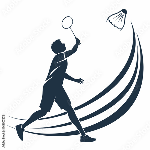 Badminton Player Silhouette With Racket And Shuttlecock Striking With Motion Trails