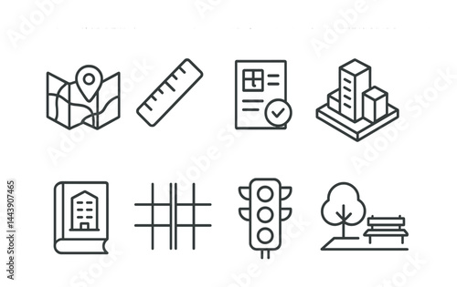 Urban planning outline icons set – linear style city development, architecture, and infrastructure symbols: map, ruler, blueprint, building, book, grid, traffic light, park.
