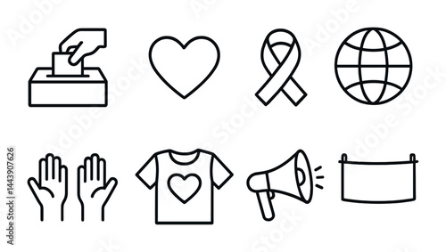 Charity and volunteer outline icons set – linear style donation, philanthropy, and fundraising symbols for social causes: ballot box, heart, ribbon, globe, hands, t-shirt, megaphone, banner.