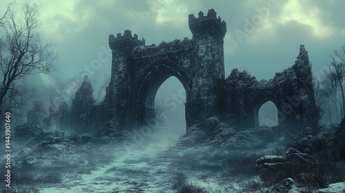 Ruined fortress in a snowy, misty landscape