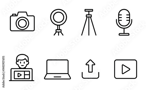 Photography and filmmaking icon set – linear style camera, studio, and media symbols for content creation: camera, ring light, tripod, microphone, editor, laptop, upload, play.