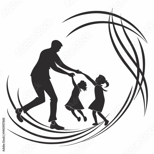 Silhouette Of Father Playing With His Two Daughters In An Abstract Circle
