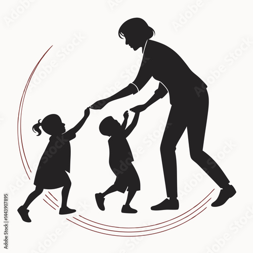 Silhouette Illustration Of A Mother With Two Children Playing Together Happily