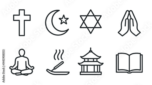 World religions outline icon set – line style faith, worship, and spirituality symbols: cross, crescent moon and star, star of david, prayer hands, meditation, incense, temple, holy book