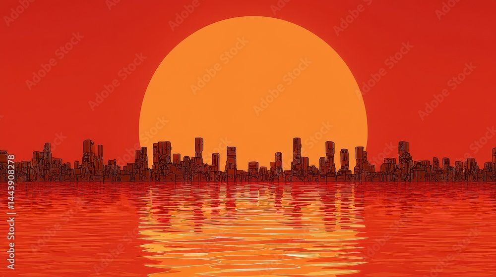 Obraz premium Crimson sunset over a city skyline reflected in water.