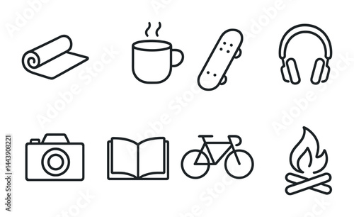 Leisure activity icon set – outline style symbols for relaxation, hobbies, and recreation: yoga mat, coffee cup, skateboard, headphones, camera, book, bicycle, campfire.